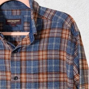 Johnston & Murphy Men L‎ Flannel Shirt Plaid Blue Brown Long Sleeve Button Front